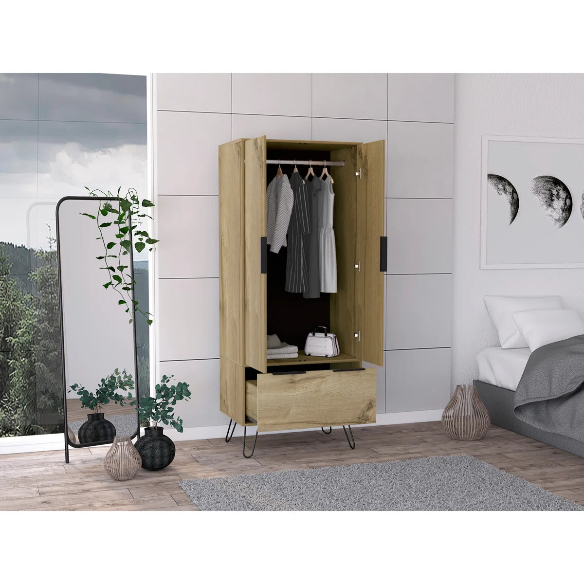 Light Oak Wardrobe – Wooden Bedroom Closet with 2 Doors & 1 Storage Drawer OUCH CART