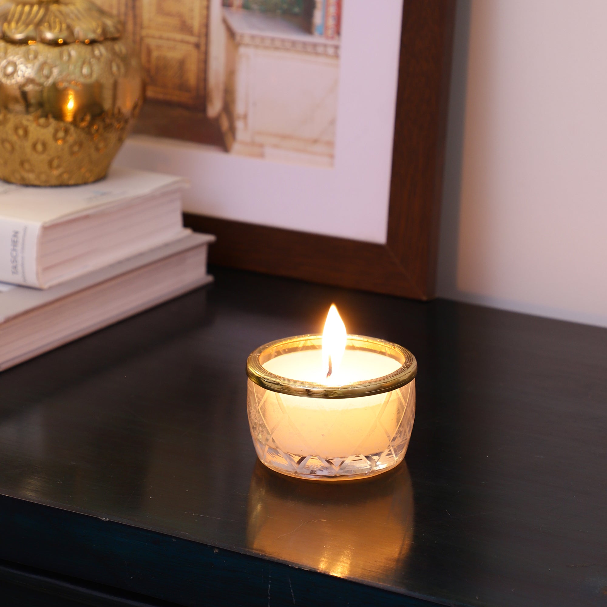 snowy whisper white scented candle jar with Golden Ring M.M.I. OVERSEAS