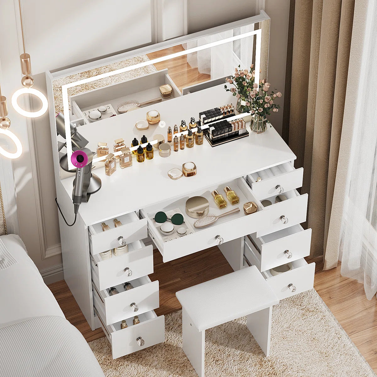 Greyden Lighted Vanity Set with Diamond Handles on 9 Drawers, and Built-In Power Outlet