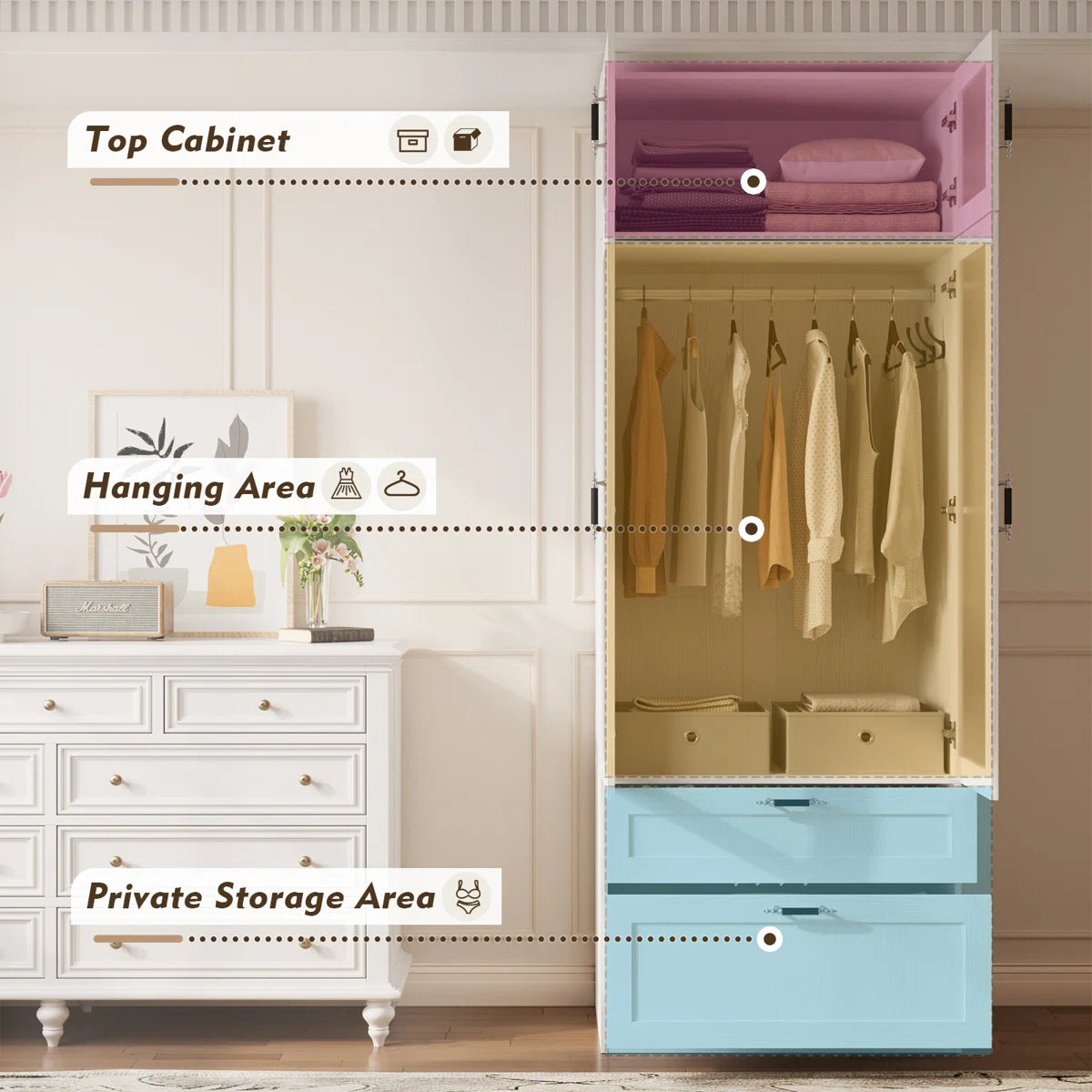 Wood Grain Meissalivve 2 Door Wardrobe Closet with Hanging Rod and Frosted Glass