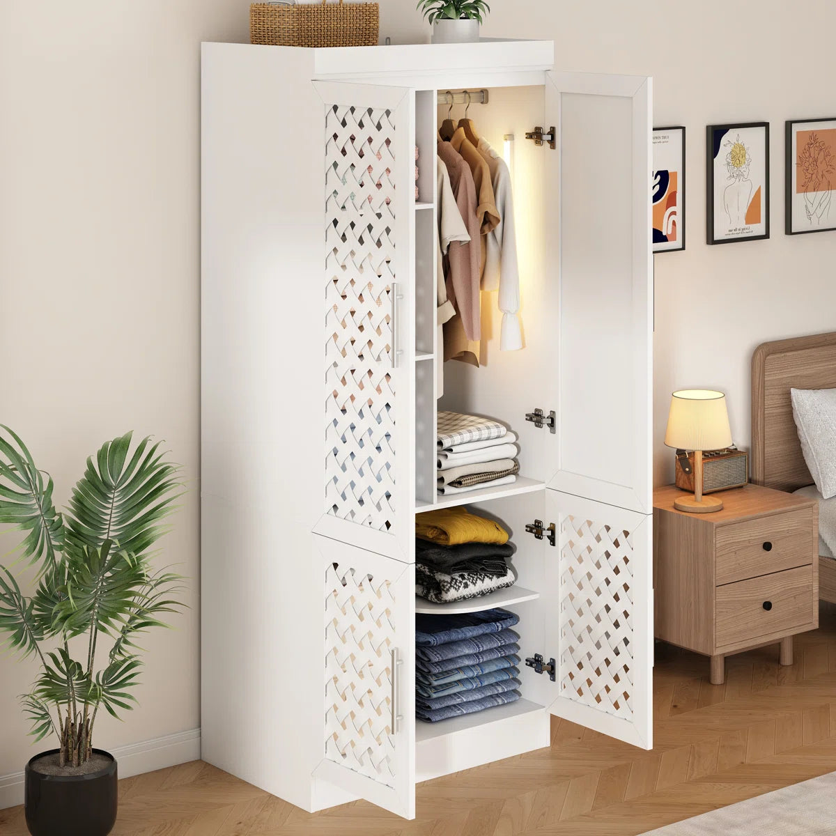 Spacious 75.6'' H Armoire – 3 Woven Doors Wardrobe with Mirror & Sensor Light