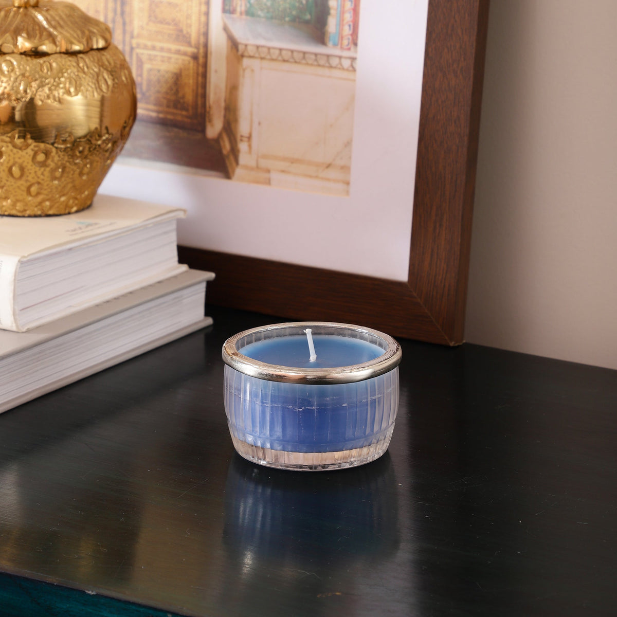 Ocean Breeze Blue Scented Candle Glass Jar With Silver Ring M.M.I. OVERSEAS