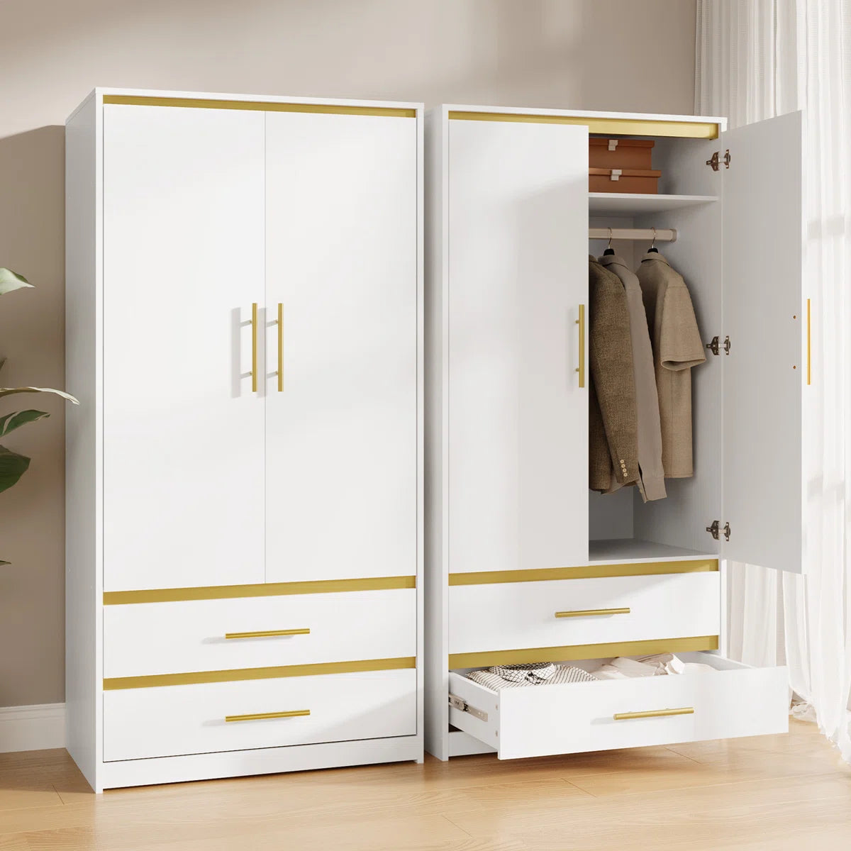 2-Door 66.9" H Armoire Wardrobe – Closet with Hanging Rod & 2 Drawers OUCH CART