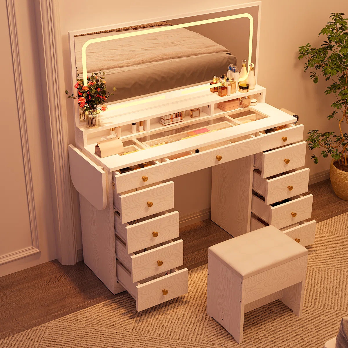 Makeup Vanity Set with Mirror, Power Outlet, 11 Drawers, and Matching Stool OUCH CART