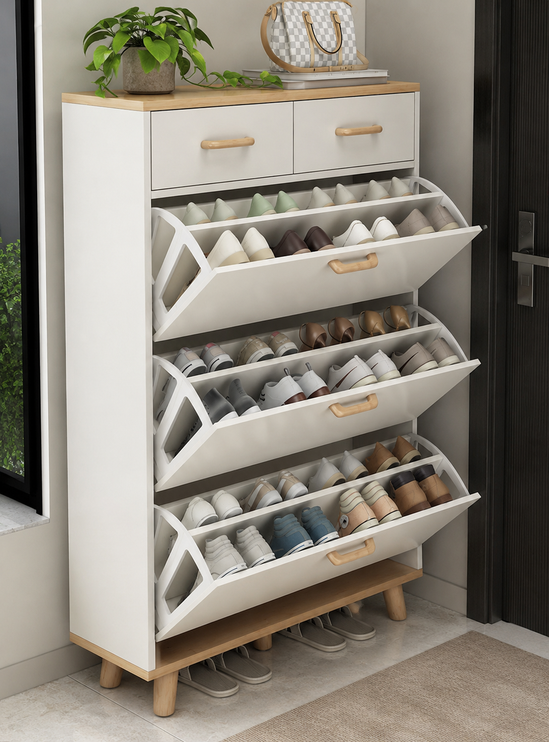 Modern Wooden Shoe Cabinet with Flip Drawers | Space-Saving Entryway Shoe Storage Organizer | Ouch Cart OUCH CART