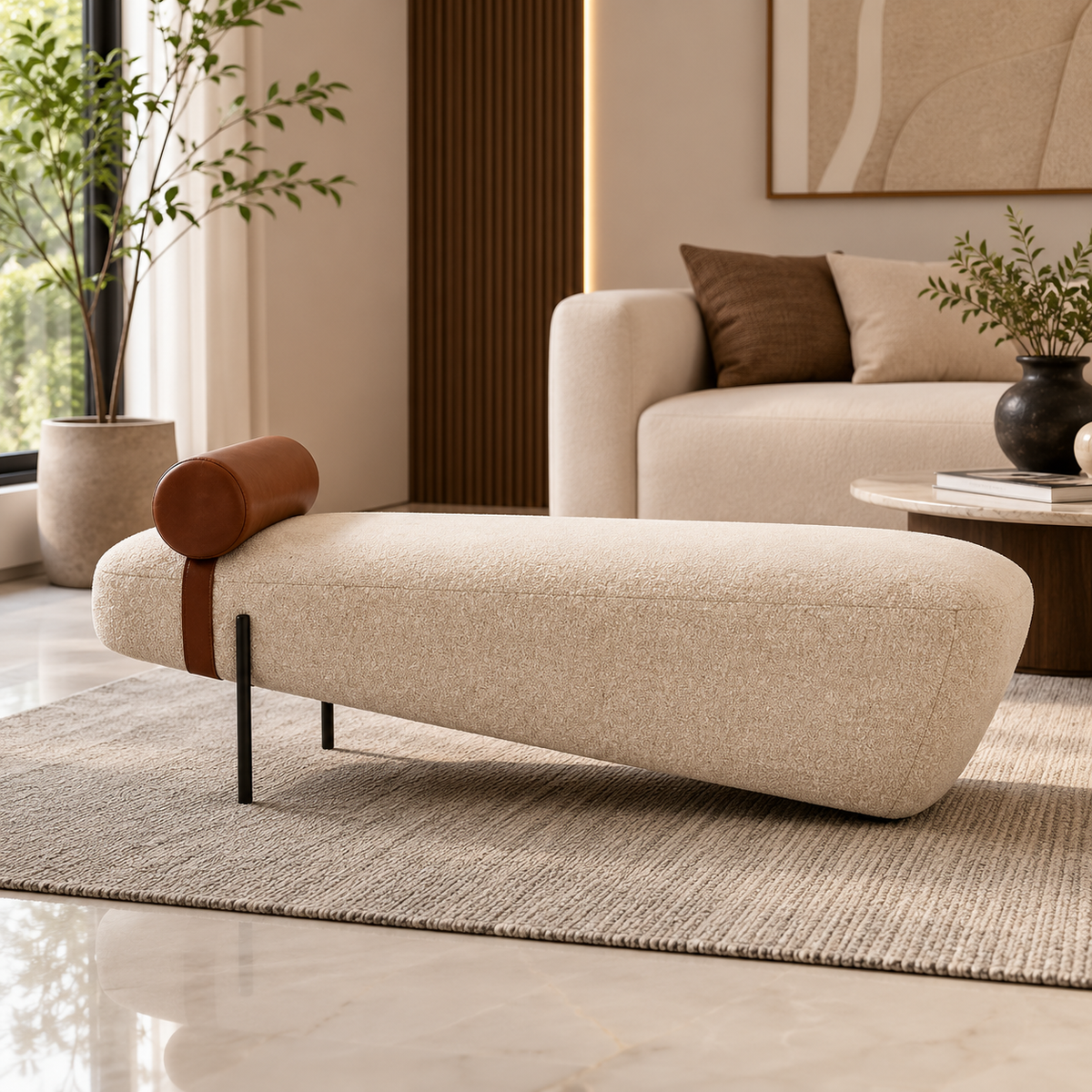 Modern Upholstered Bench with Leatherite Bolster Pillow | Luxury Bouclé Fabric Accent Bench OUCH CART