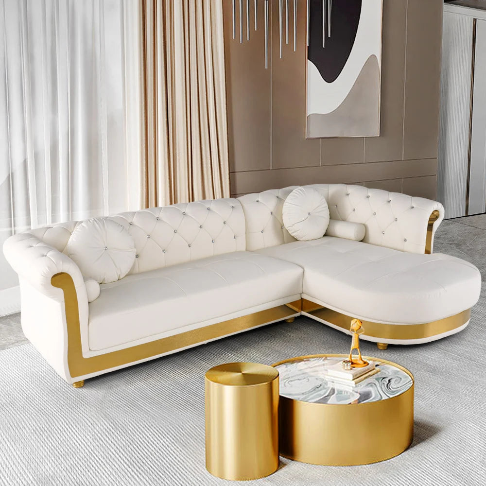 Luxury White L-Shaped Chesterfield Leather Sofa Set with Gold Accents OUCH CART