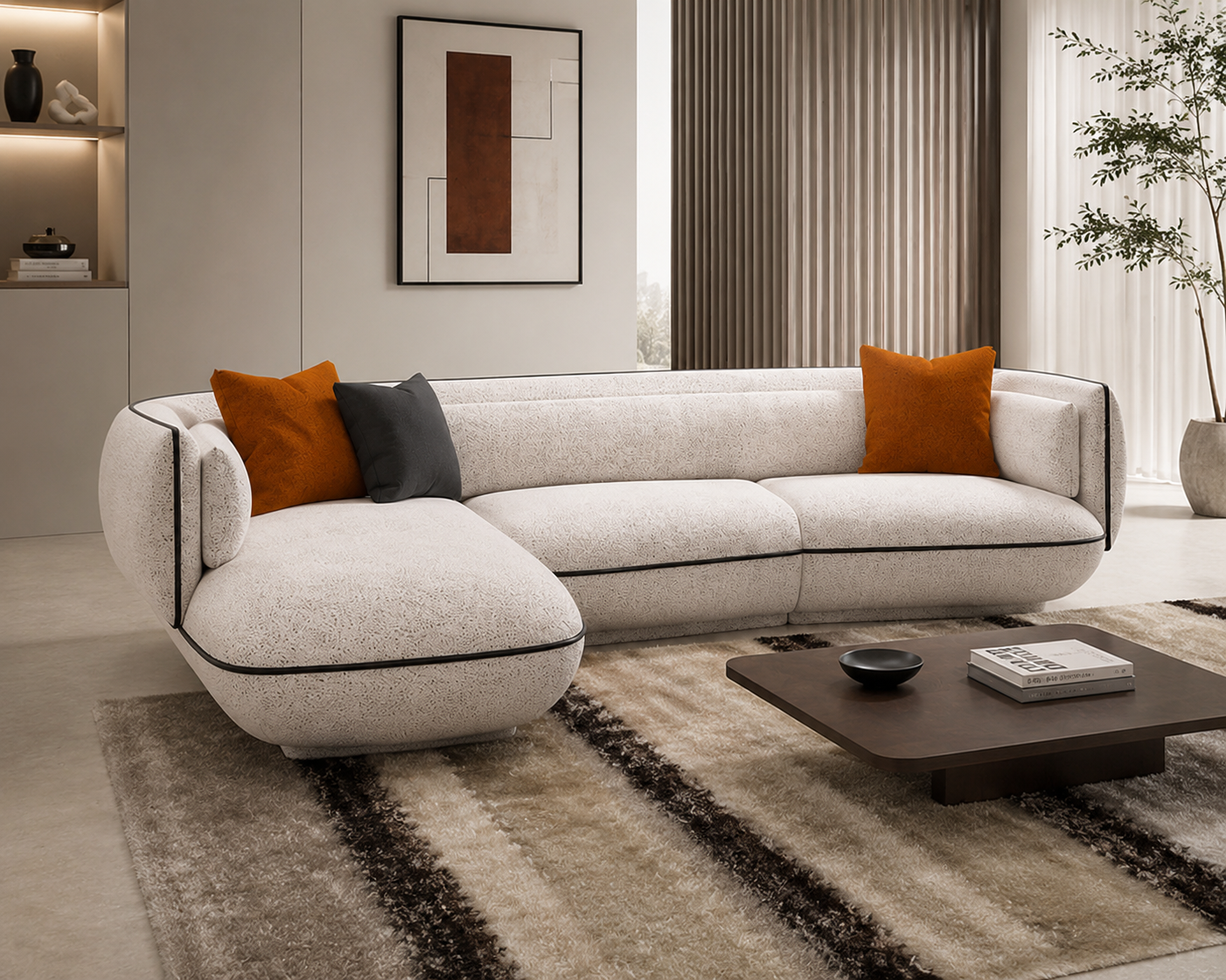 Ouch Cart Modern Curved Bouclé Sectional Sofa | Luxury Cream Upholstered Living Room Couch with Contemporary Design OUCH CART