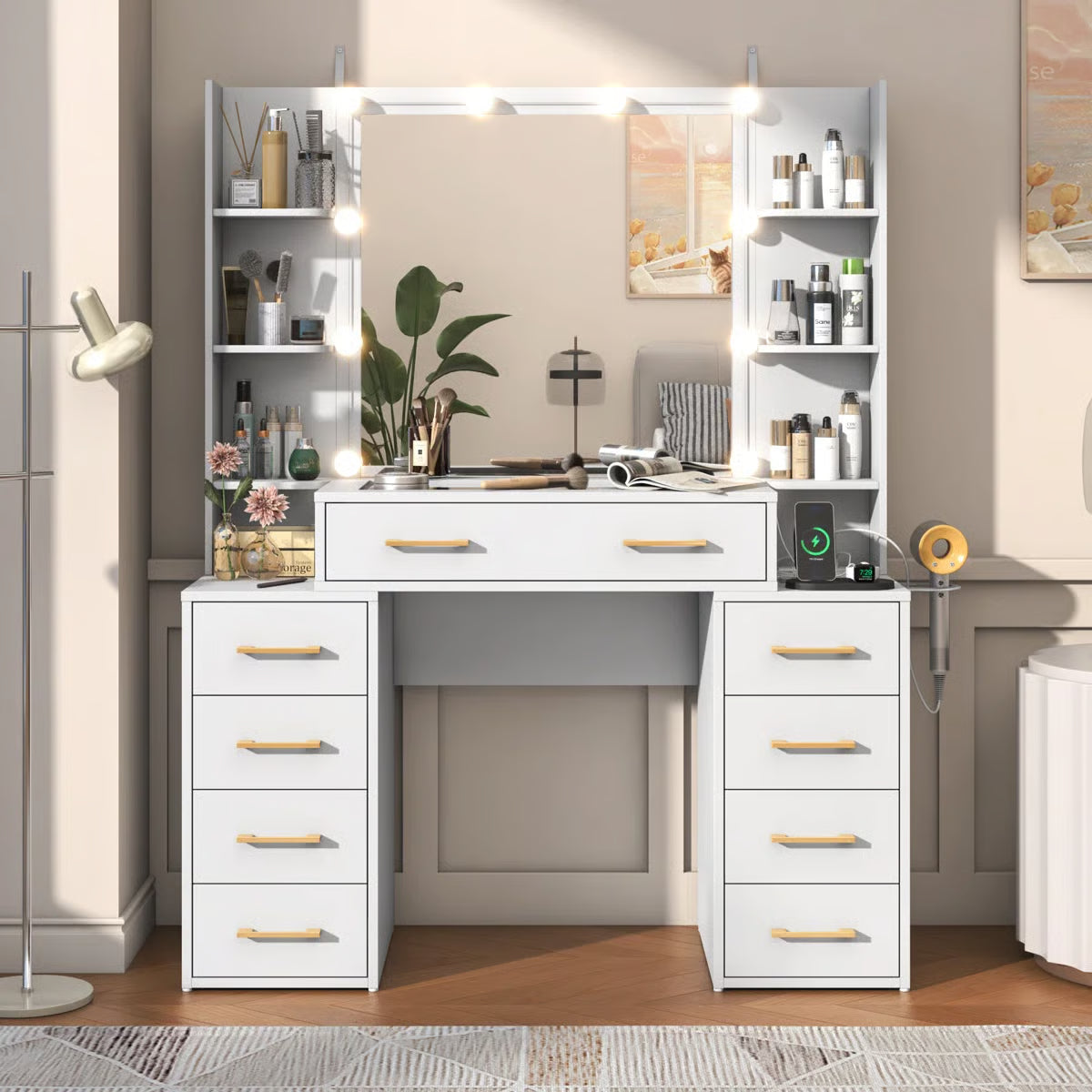 Tempered Glass Vanity Desk with LED Lights, Mirror, and Built-In Charging Station-OUCH CART |Dressing table