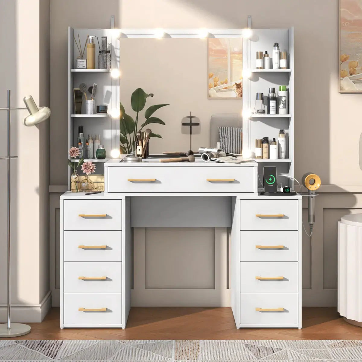 Tempered Glass Vanity Desk with LED Lights, Mirror, and Built-In Charging Station-OUCH CART |Dressing table