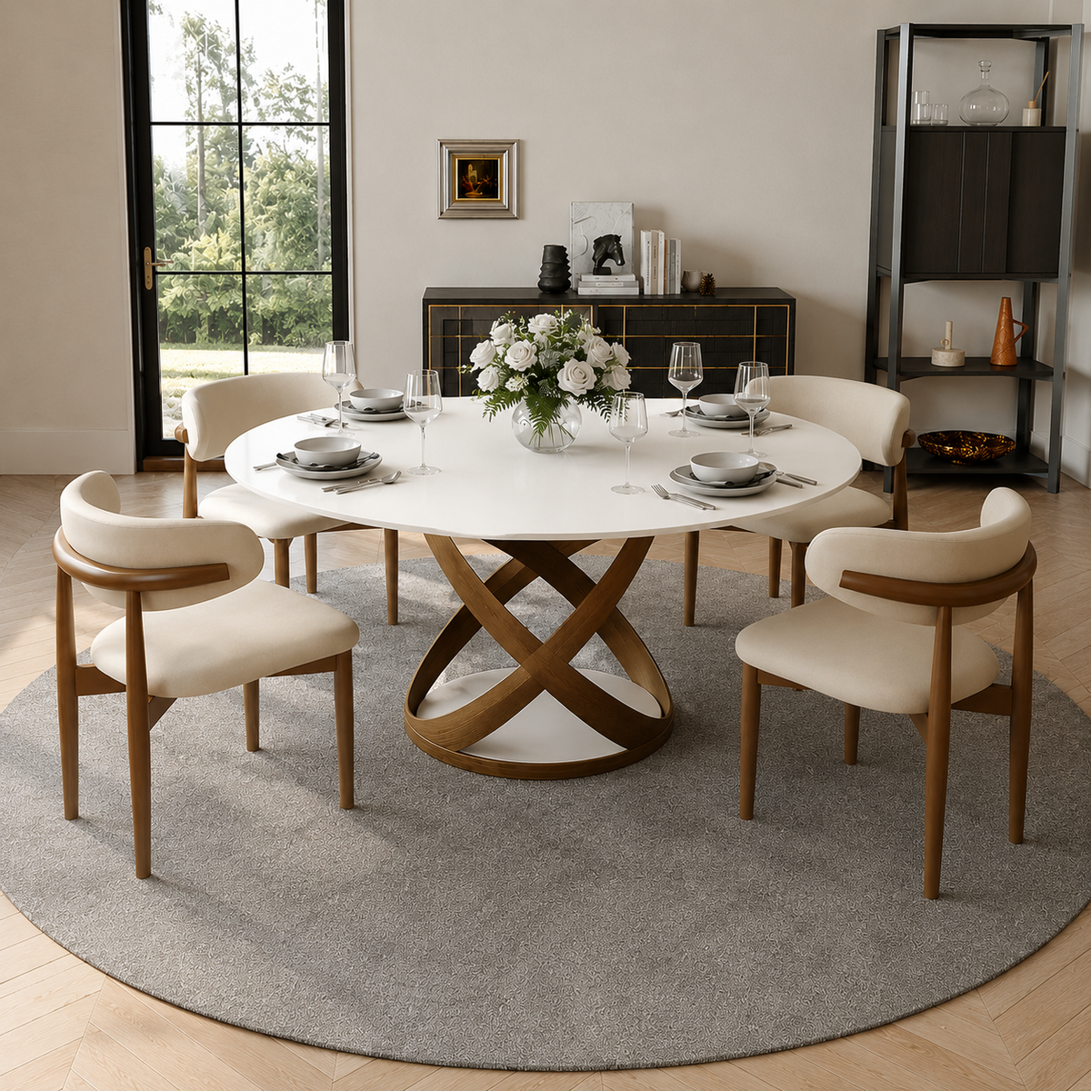 Maxwell Modern Dining Room Sets, Pre-Assembly Round Dining Table Sets, Sintered Stone Tabletop Kitchen Dining Table Set With Upholstered Chairs
