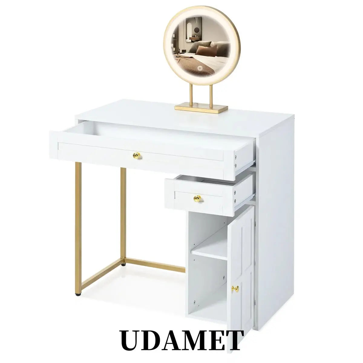 Stylish 31.5" White & Gold Makeup Vanity Desk with 2 Drawers & Adjustable Shelf