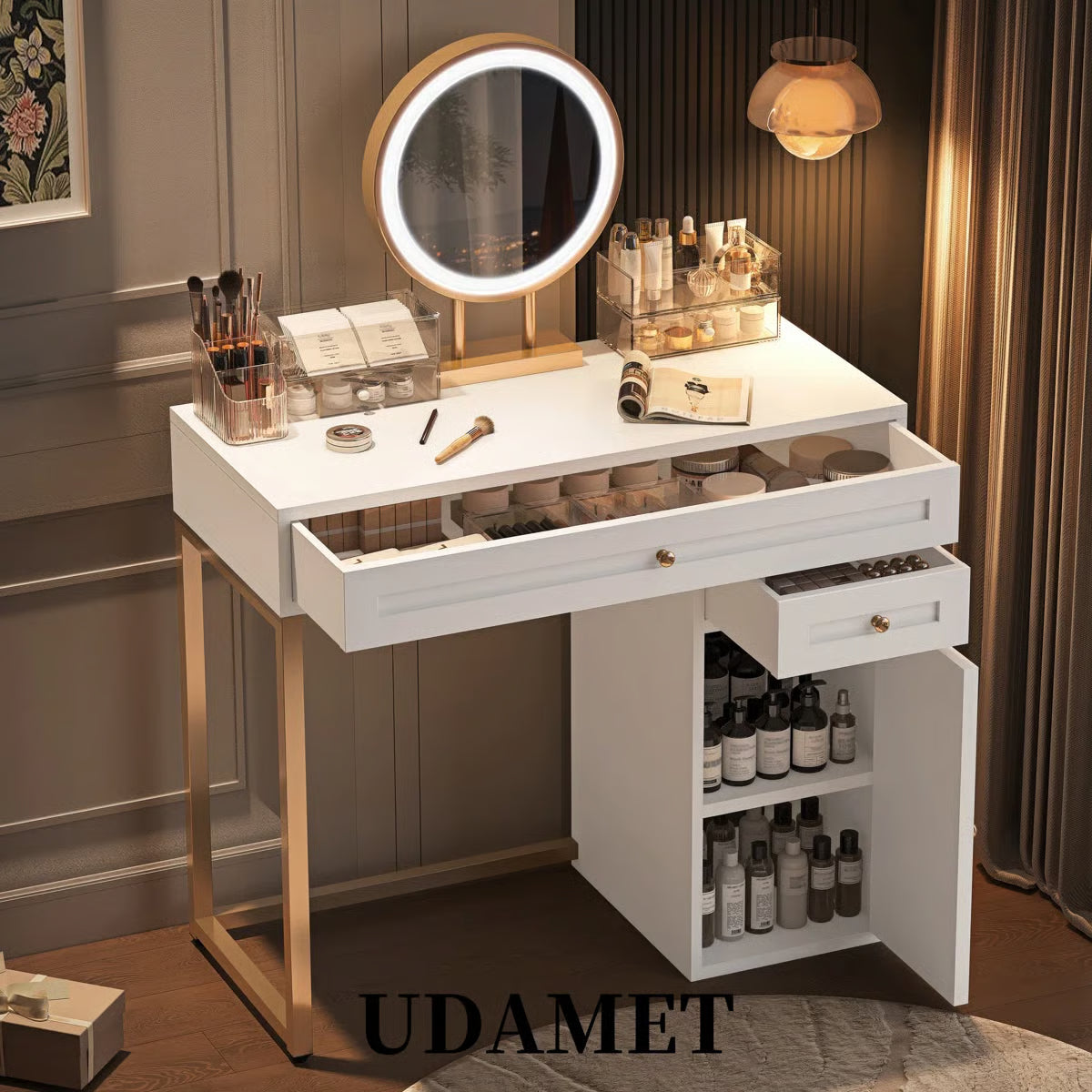 Stylish 31.5" White & Gold Makeup Vanity Desk with LED Mirror, 2 Drawers & Adjustable Shelf-OUCH CART |Dressing table