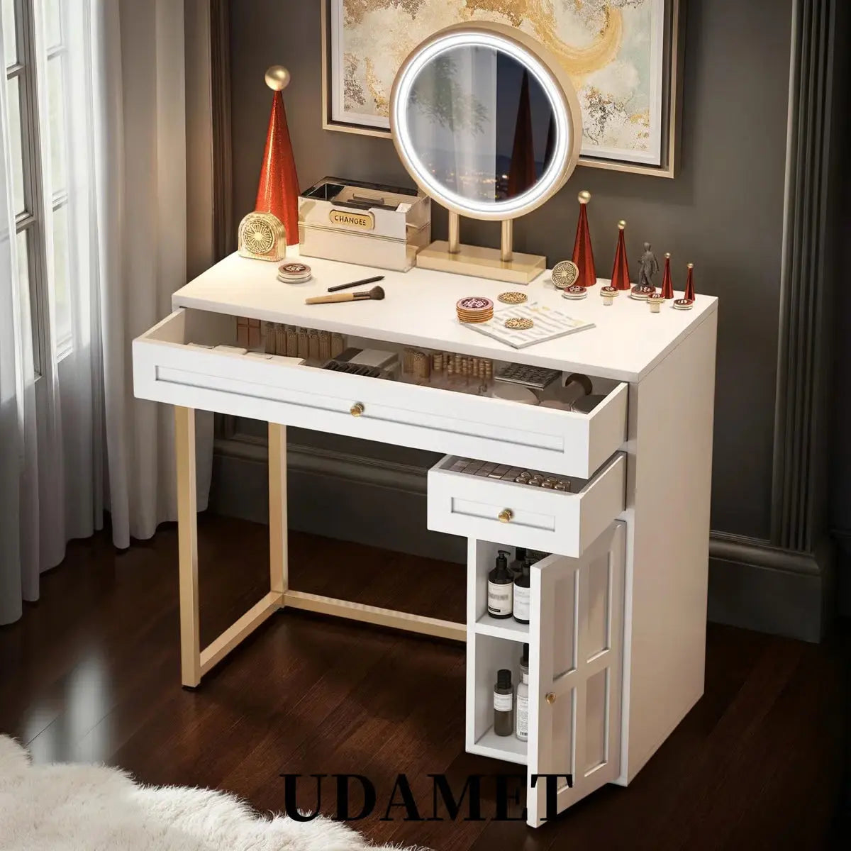 Stylish 31.5" White & Gold Makeup Vanity Desk with 2 Drawers & Adjustable Shelf