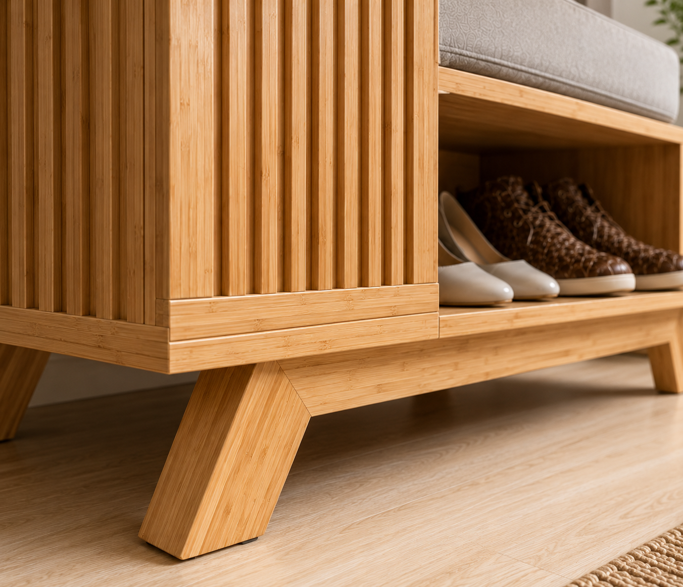 Modern Bamboo Shoe Storage Bench with Sliding Door | Entryway Shoe Organizer Cabinet with Cushioned Seat OUCH CART