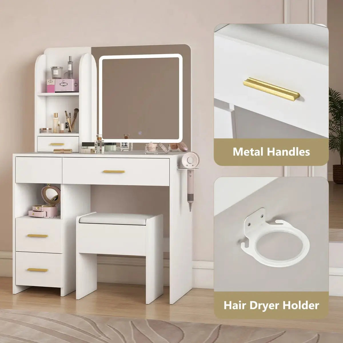 Stylish 35" Vanity Table with HD Mirror and 5 Drawers for Bedroom Decor