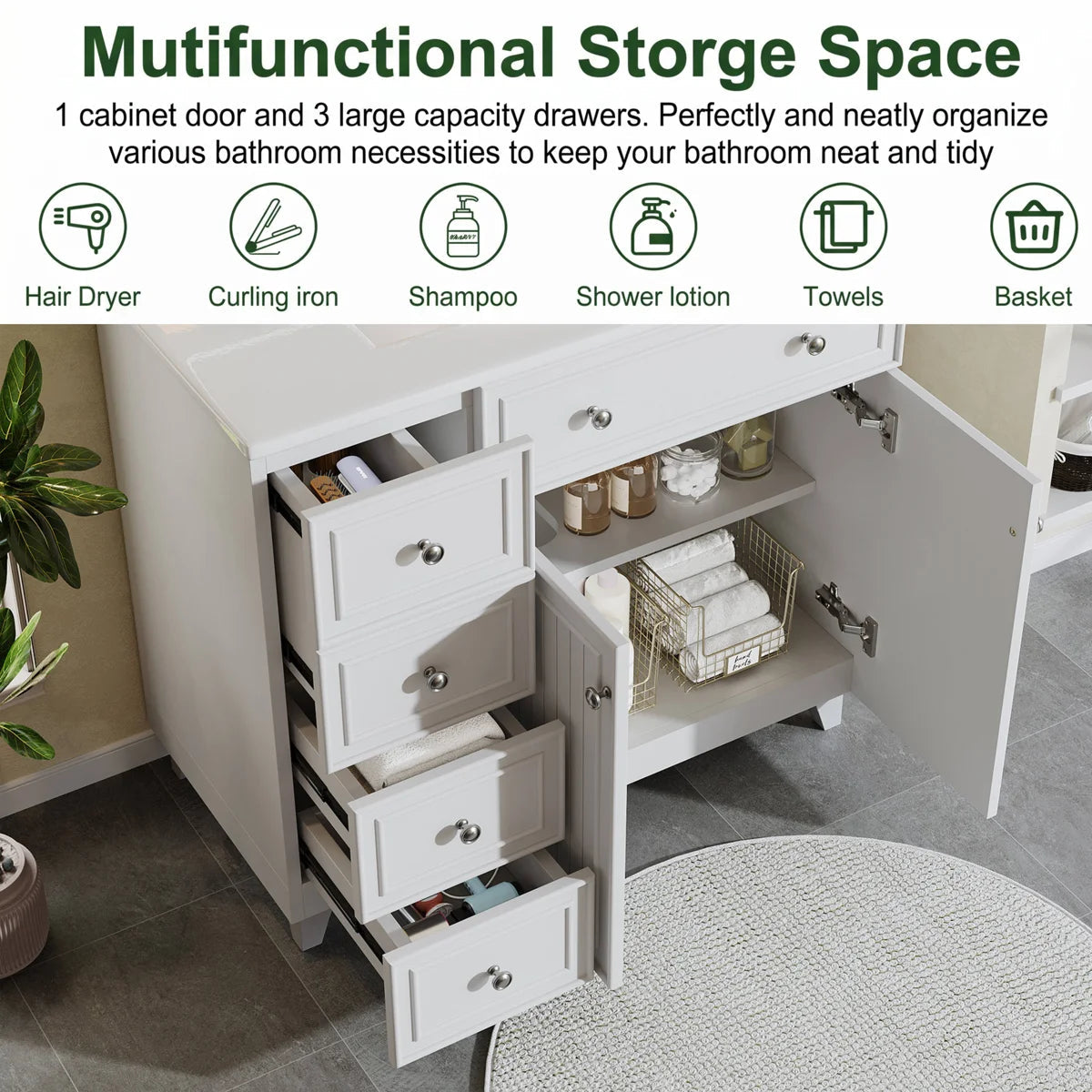 36 Inch White Bathroom Vanity with Ceramic Basin | Fox Marvel OUCH CART