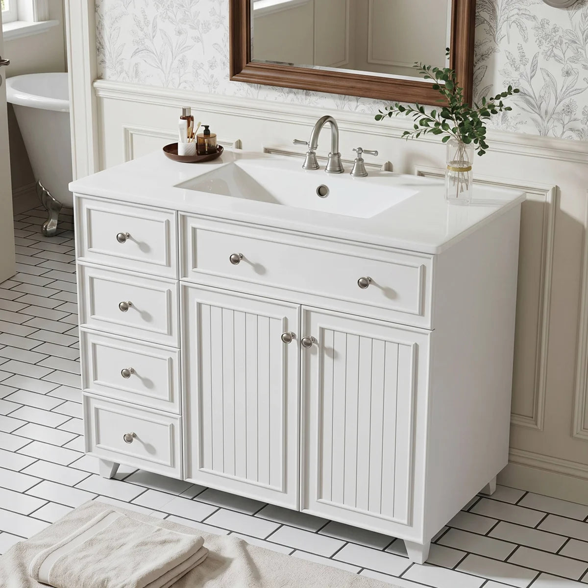 36 Inch White Bathroom Vanity with Ceramic Basin | Fox Marvel