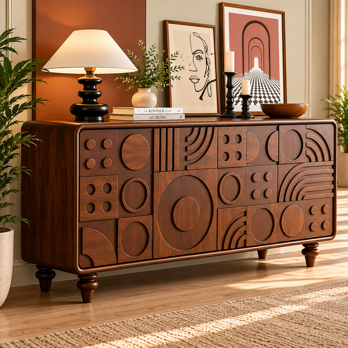 Solid Wood Sideboard Cabinet with Geometric Carved Design OUCH CART