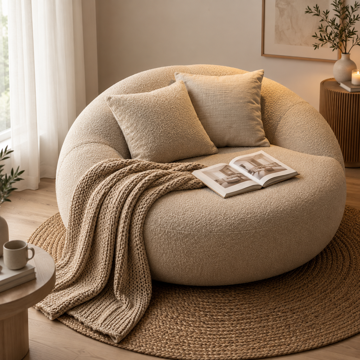 Modern Round Boucle Sofa Chair for Living Room, Oversized Curved Accent Chair with Plush Cushions, Cream Upholstered Lounge Chair for Bedroom, Reading Room & Relaxation OUCH CART
