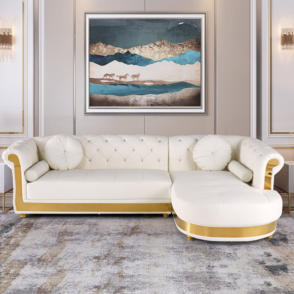 Luxury White L-Shaped Chesterfield Leather Sofa Set with Gold Accents OUCH CART