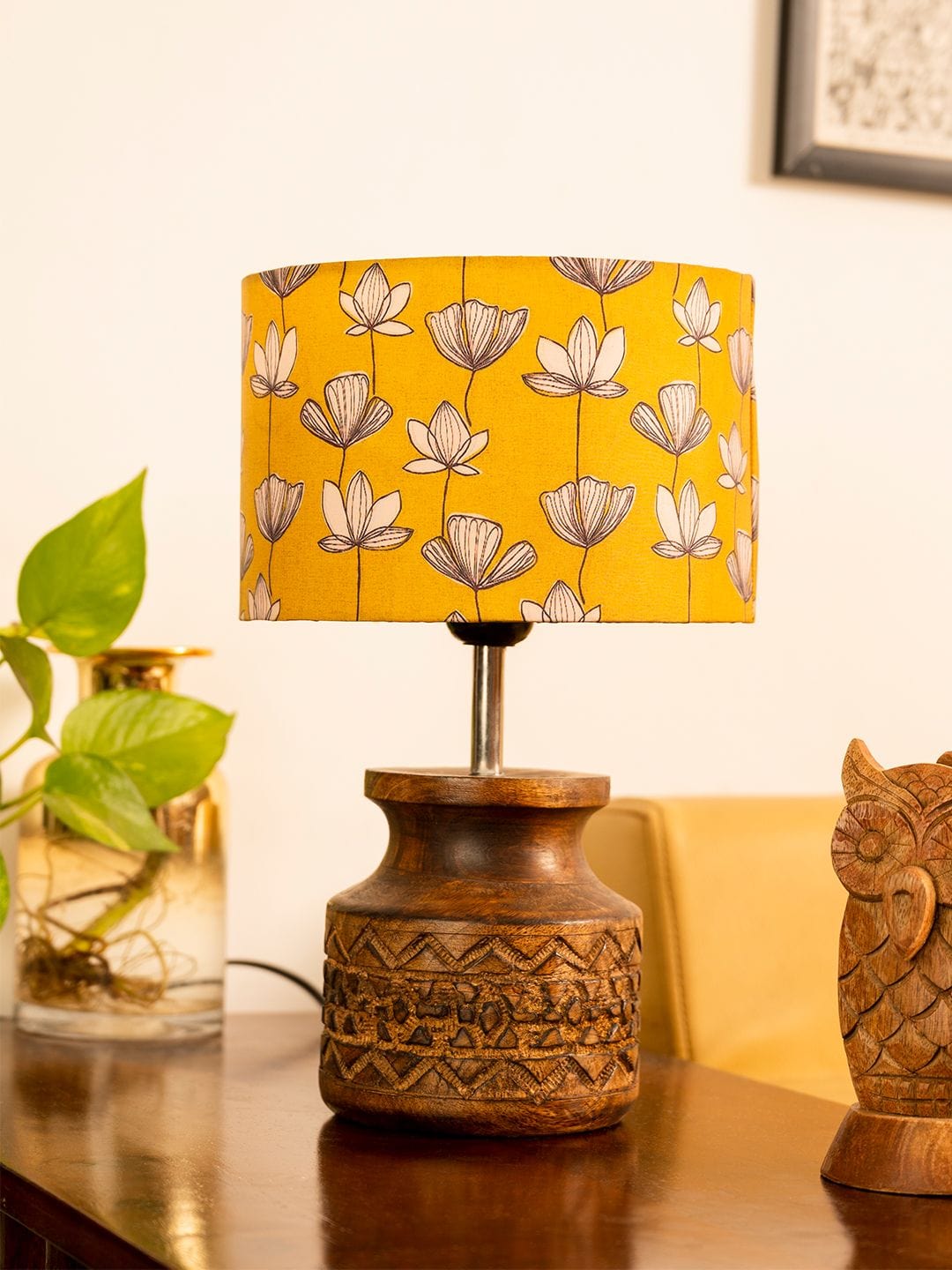 Wooden Carved Lamp with Mustard Flora Multicolor Shade