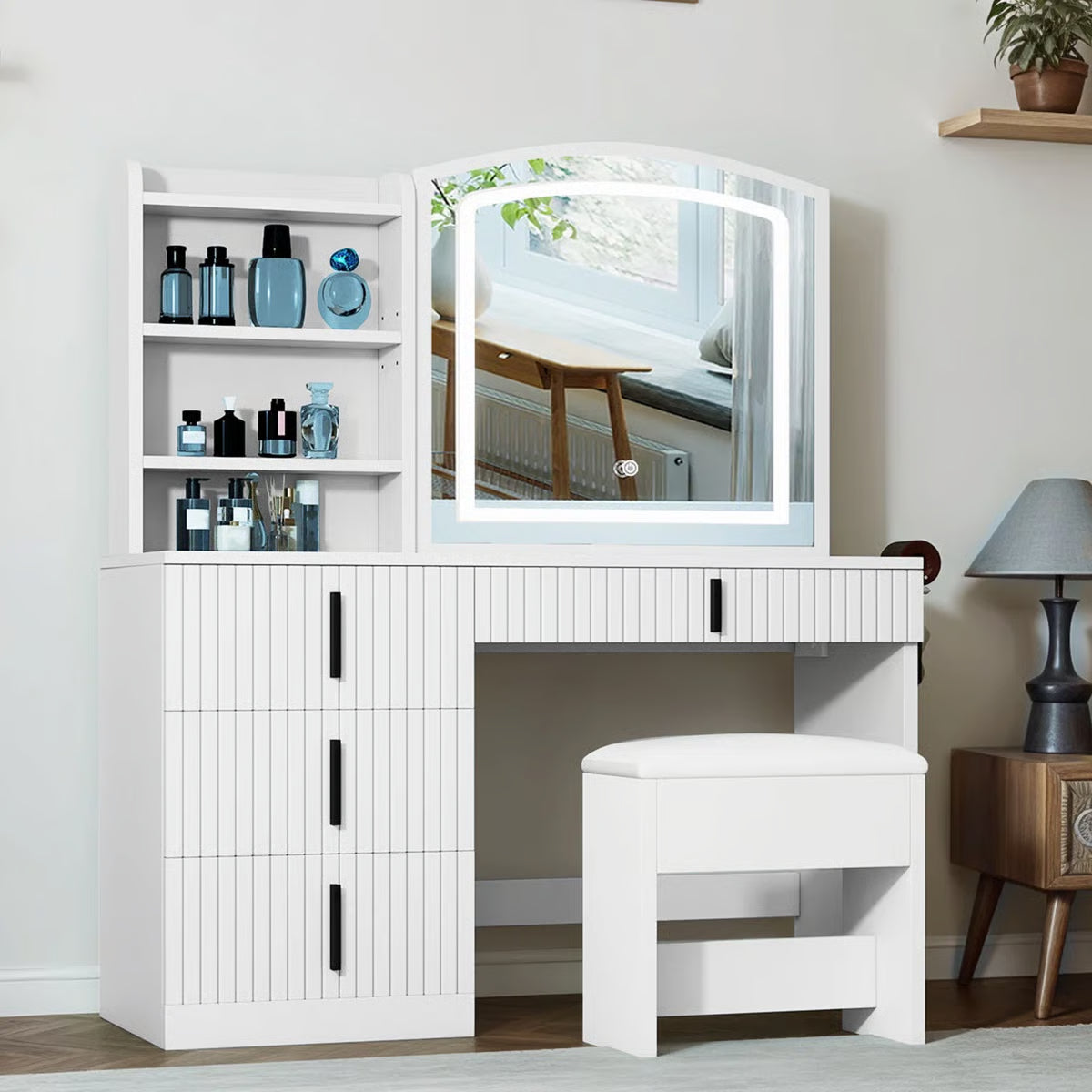 39.5" Fluted Vanity Desk – Makeup Table with Mirror & Storage Cushion Stool Set