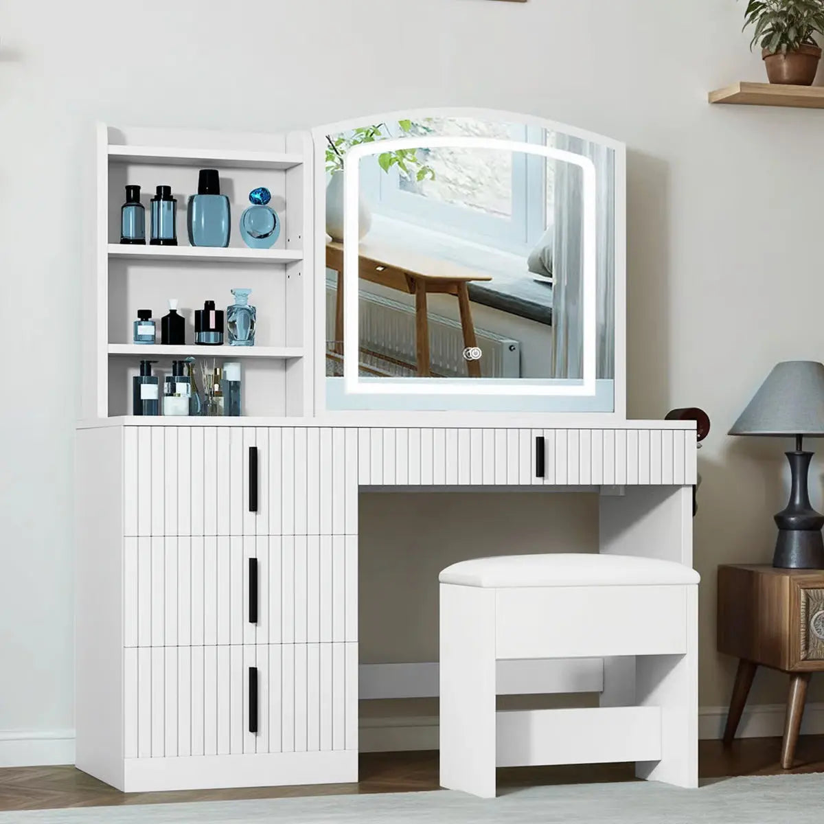 39.5" Fluted Vanity Desk – Makeup Table with Mirror & Storage Cushion Stool Set