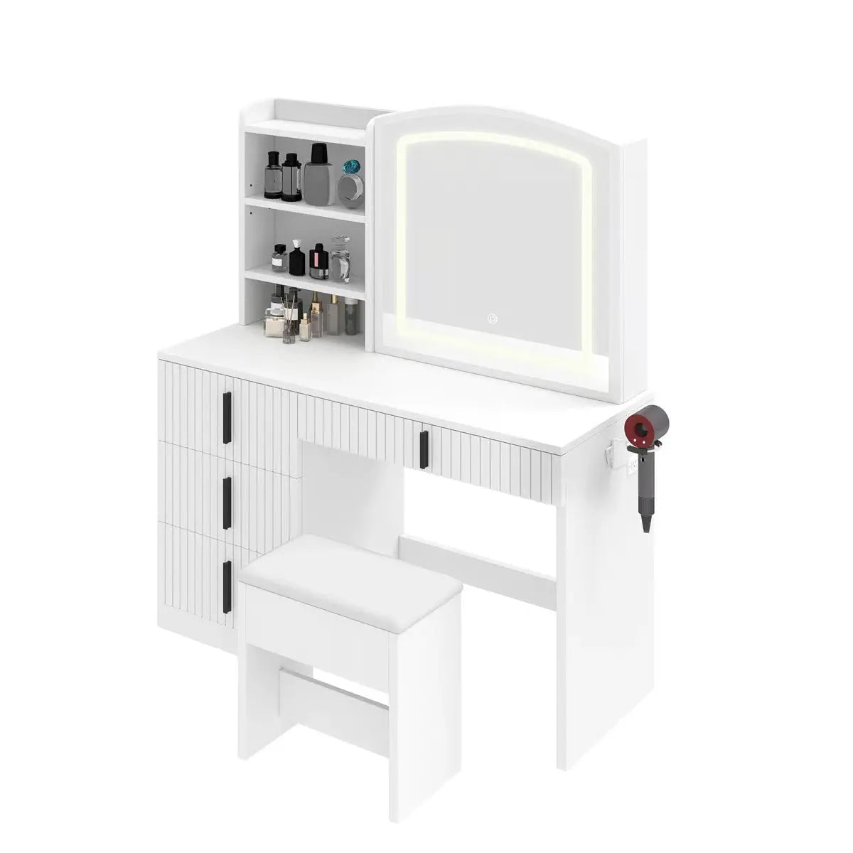 39.5" Fluted Vanity Desk – Makeup Table with Mirror & Storage Cushion Stool Set