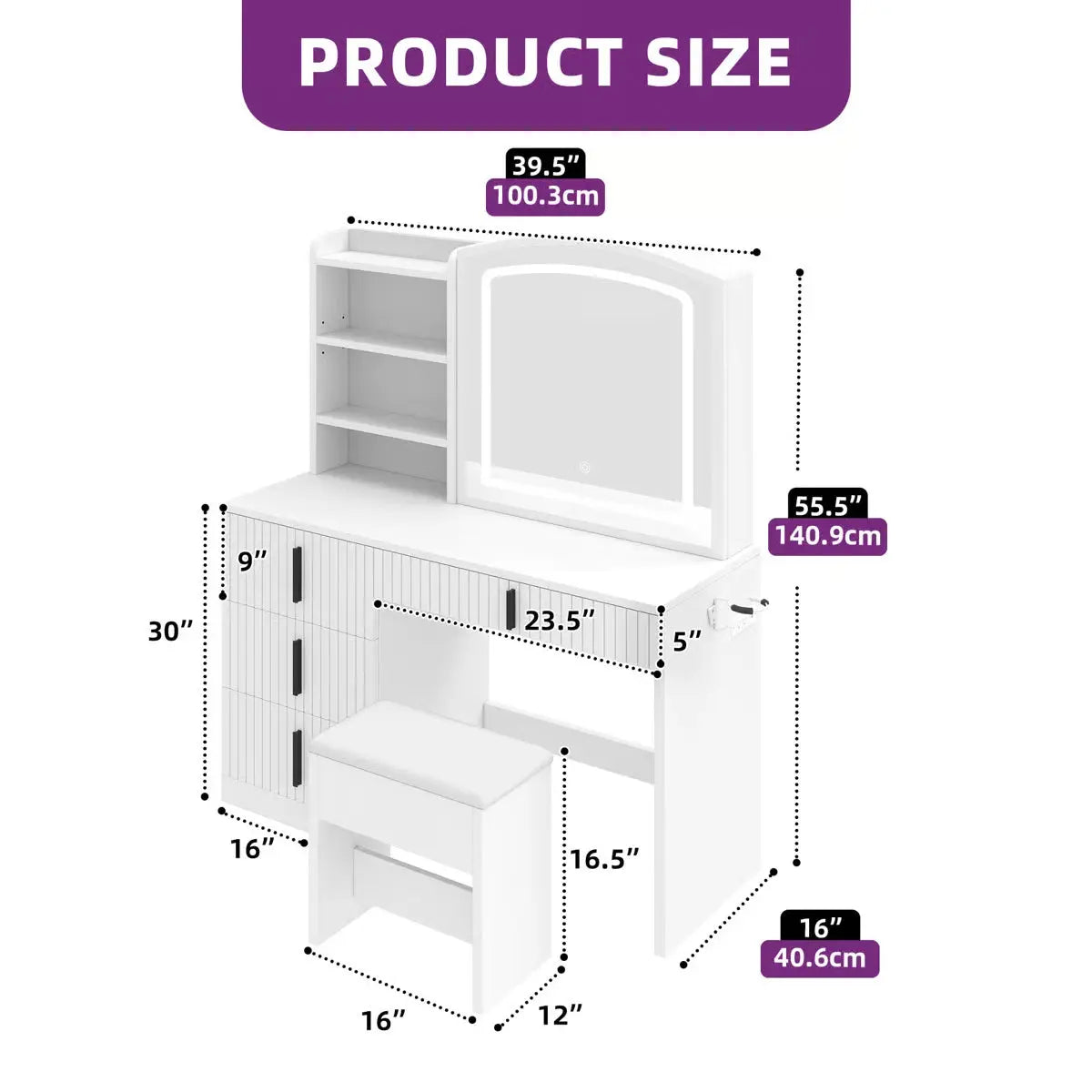 39.5" Fluted Vanity Desk – Makeup Table with Mirror & Storage Cushion Stool Set