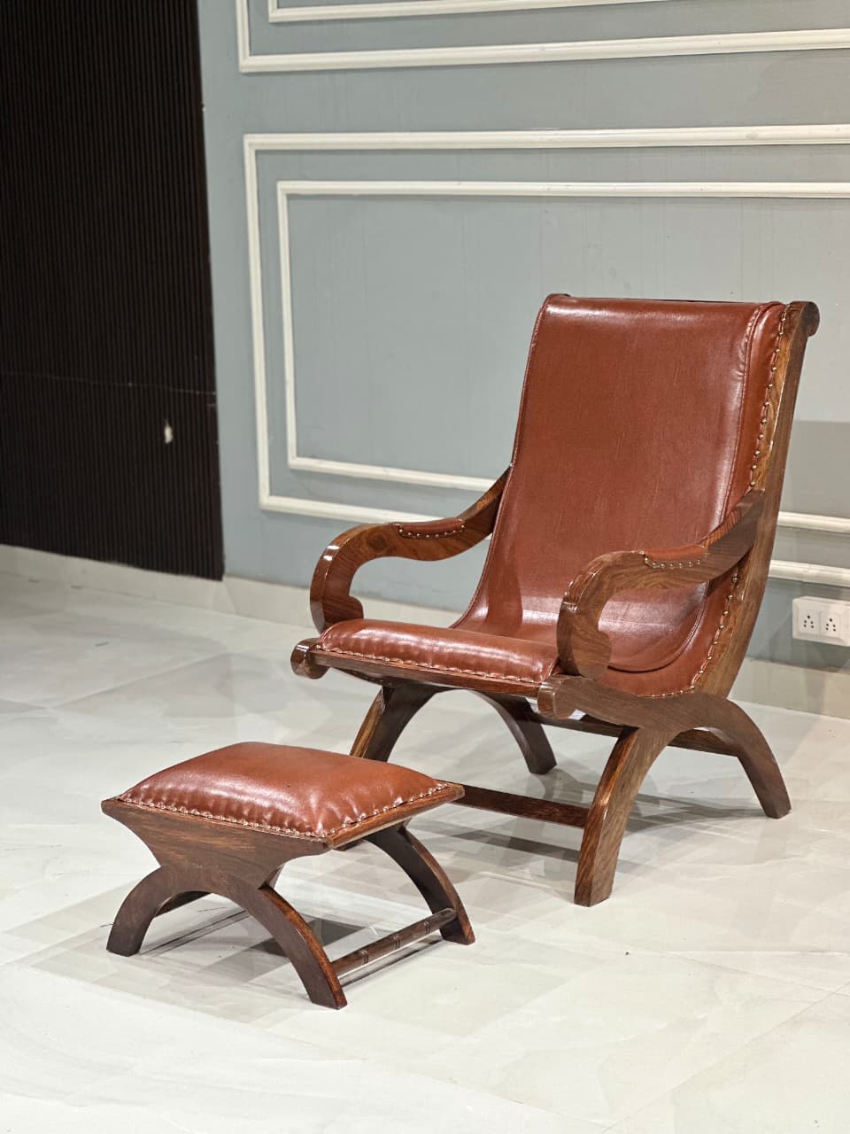 Teak Wood Armchair Lounge Chair with Ottoman