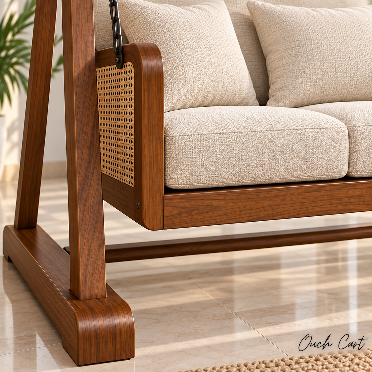 3 Seater Wooden Swing Sofa with Stand | Solid Wood Hanging Jhula with Cushioned Seat, Cane Side Panels & Metal Chains for Living Room