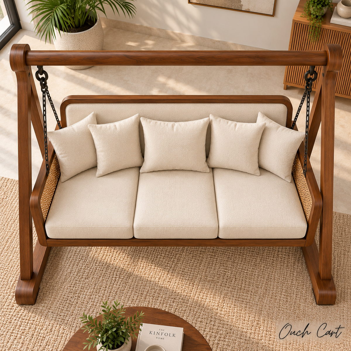 3 Seater Wooden Swing Sofa with Stand | Solid Wood Hanging Jhula with Cushioned Seat, Cane Side Panels & Metal Chains for Living Room