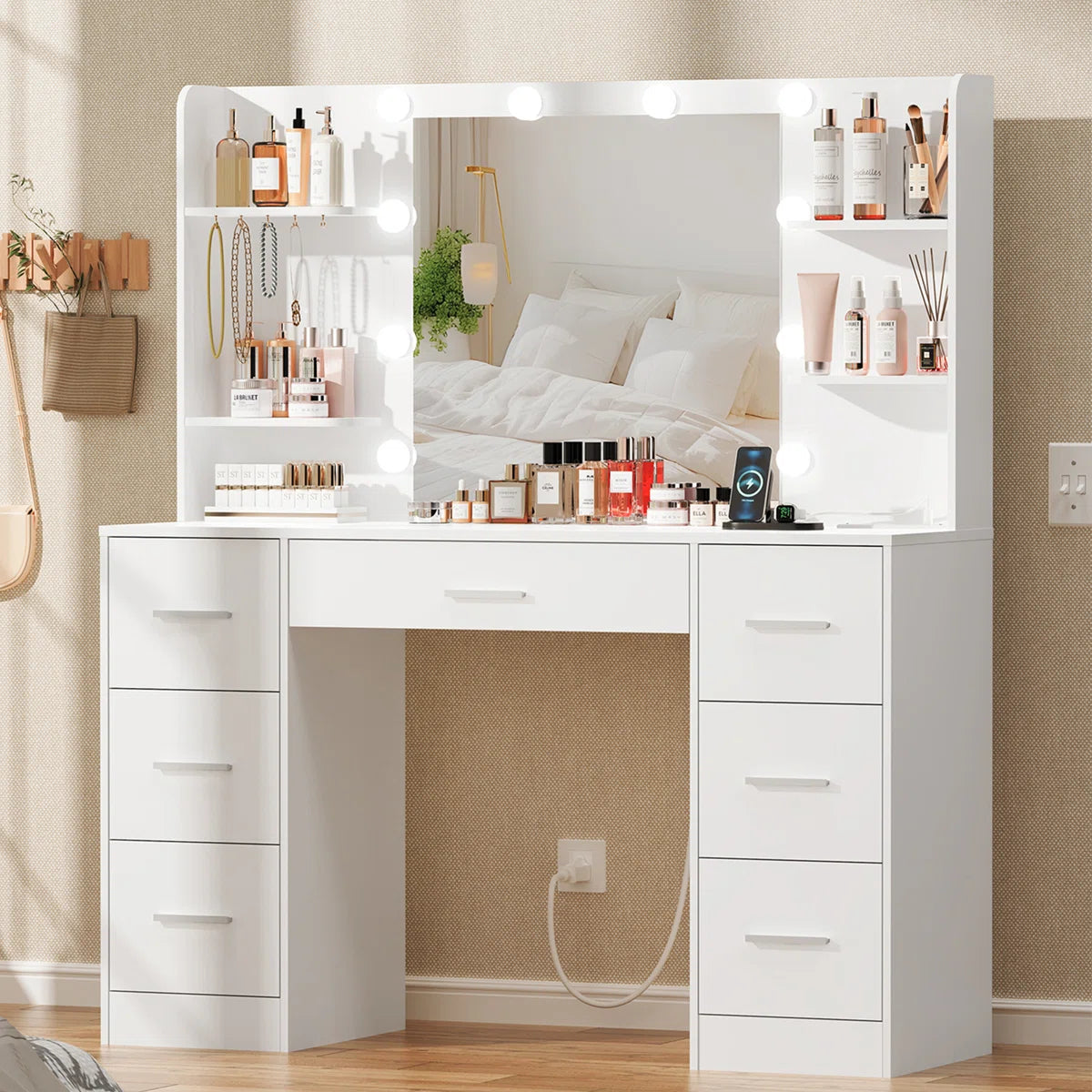 Camyla Large Makeup Vanity Table with LED Mirror, 7 Drawers, 4 Storage Shelves, Jewelry Hooks & Power Outlet