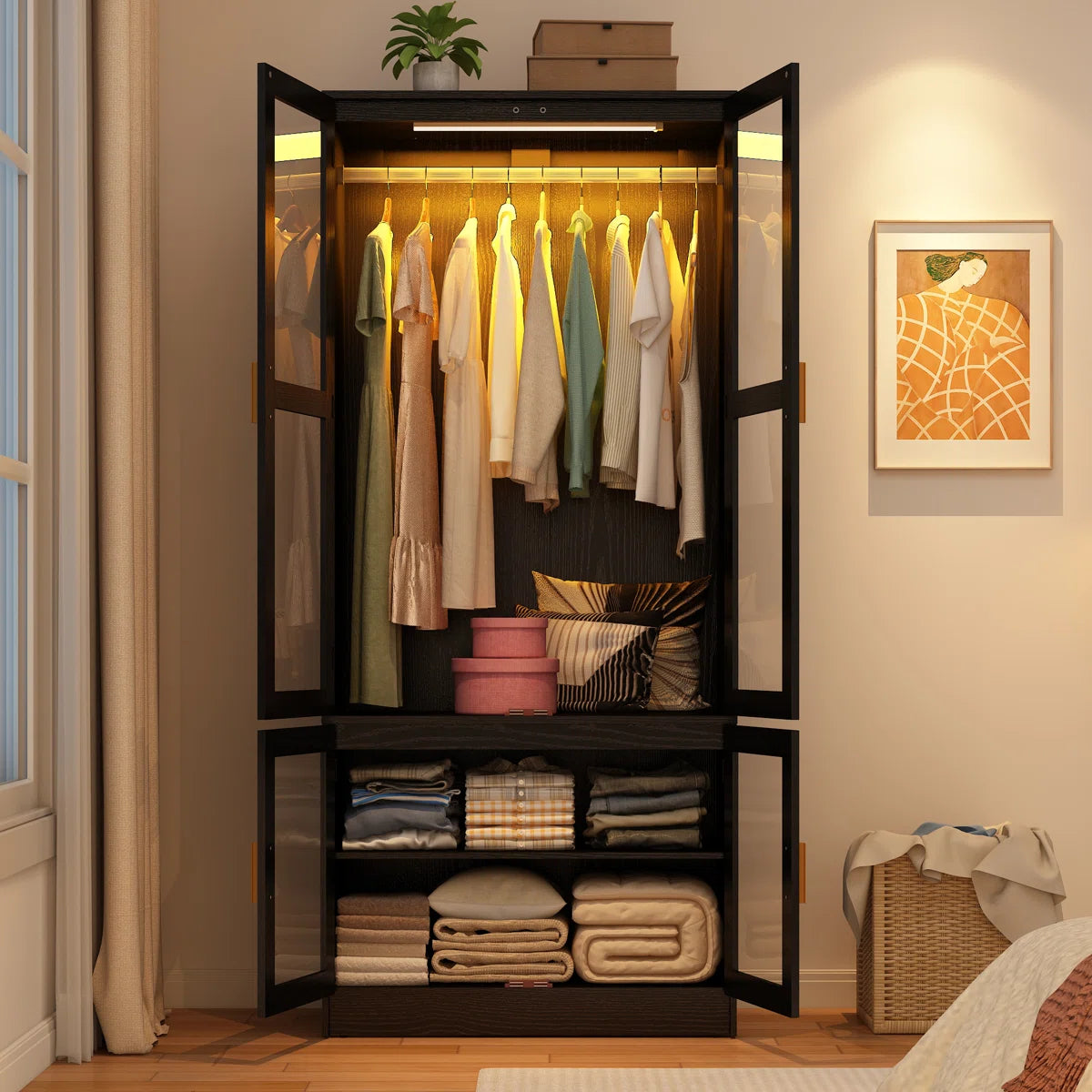 71" H 4-Door Armoire – Modern Wardrobe Closet with LED Sensor Lighting & Rod