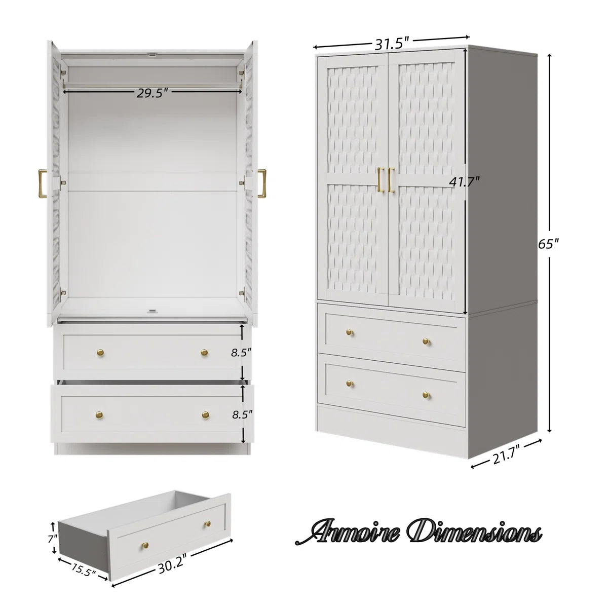 Ayara 2-Door Armoire Wardrobe – Wide Drawers and Hanging Rod for Bedroom-OUCH CART | Wardrobe