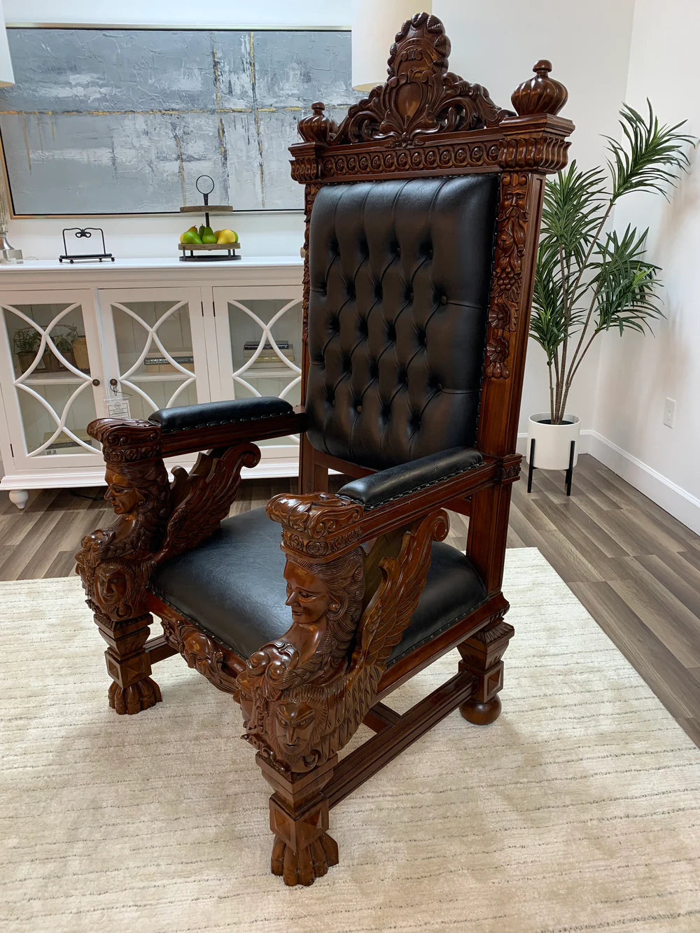 Kristofer 39" Mahogany & Tufted Top Grain Leather Throne Chair Ouch Cart