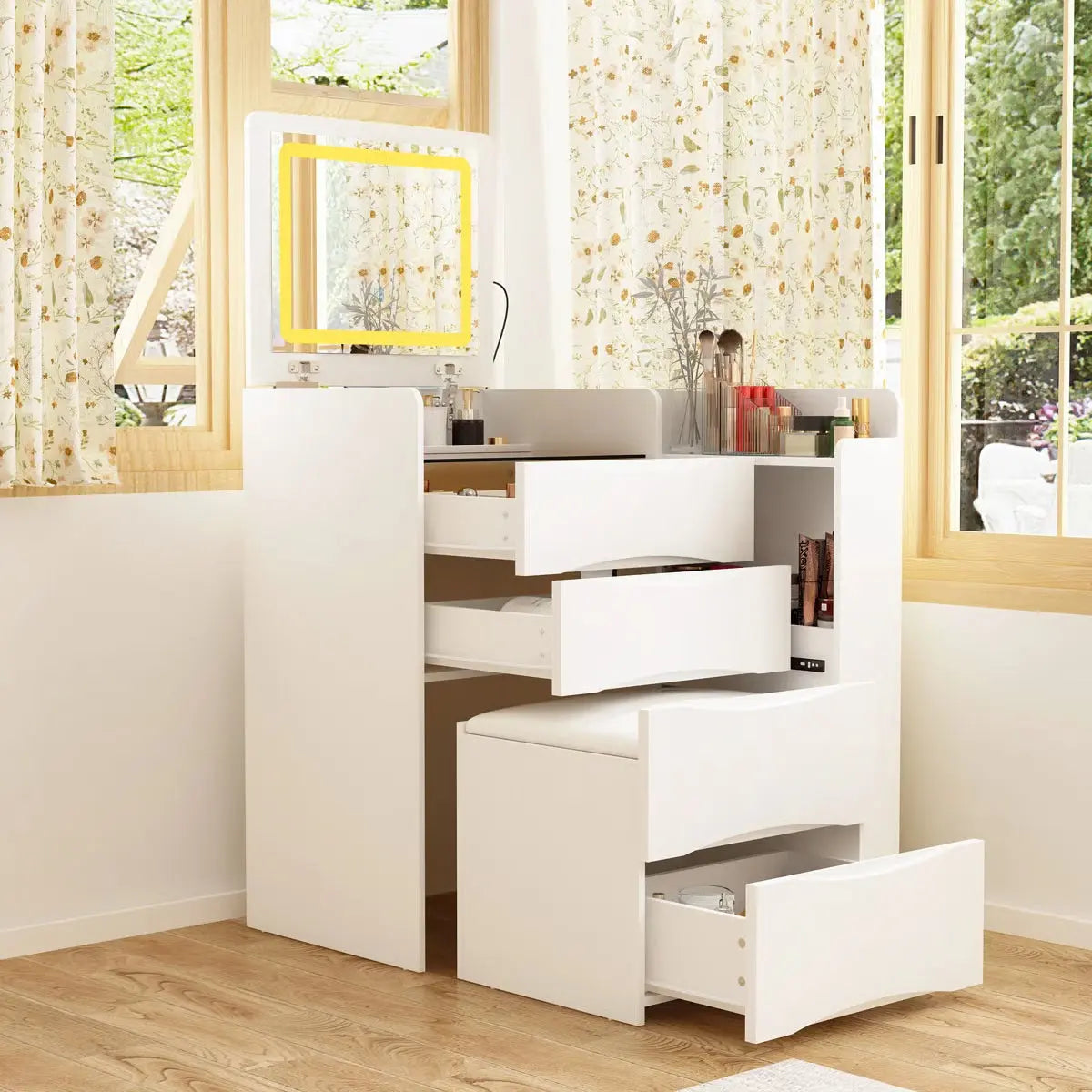 Space-Saving 3-in-1 Vanity Table – Flip Top Mirror and Side Cabinet Organizer-OUCH CART |Dressing table