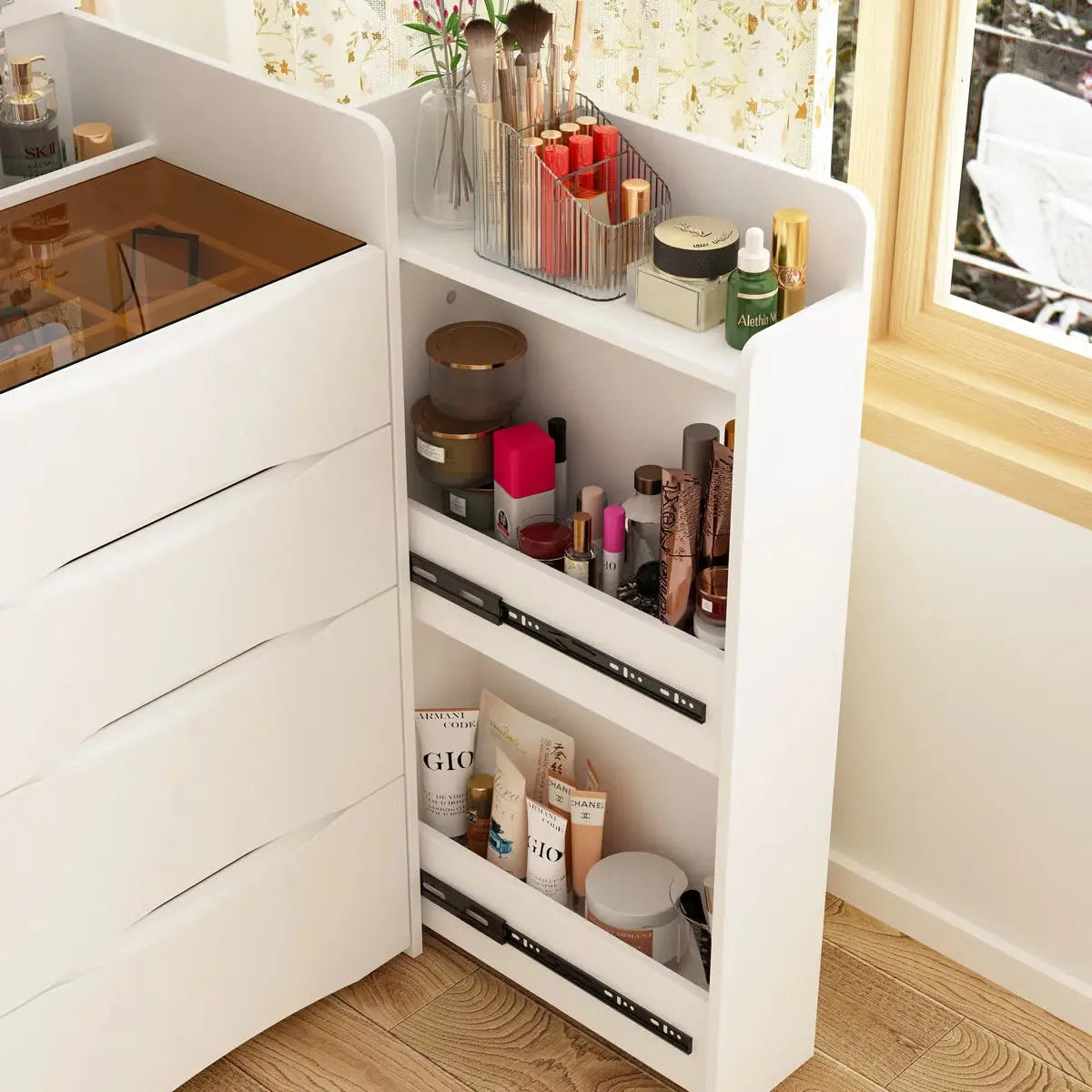 Space-Saving 3-in-1 Vanity Table – Flip Top Mirror and Side Cabinet Organizer