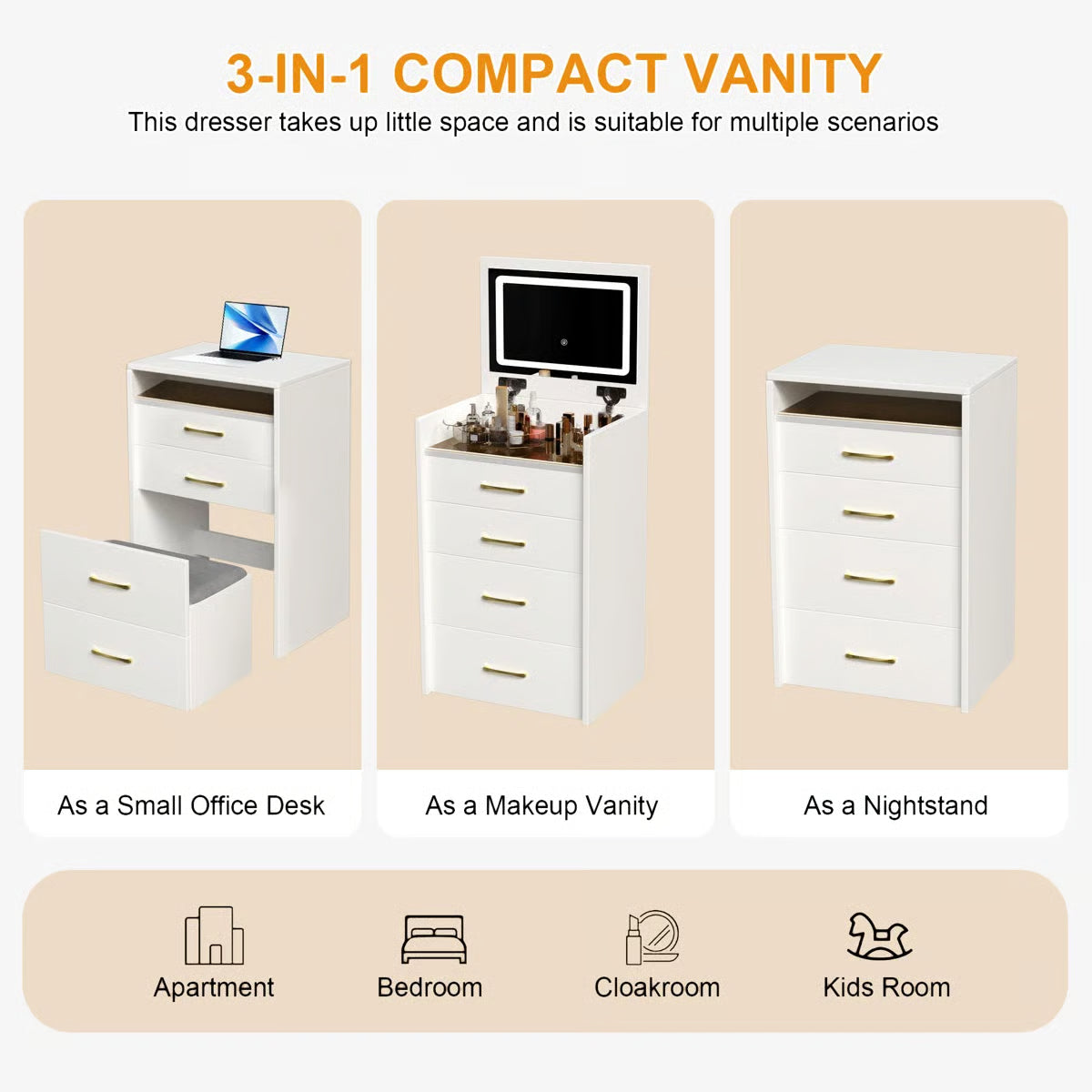 3-in-1 Vanity Table with Open Top Mirror – Makeup Desk for Bedroom