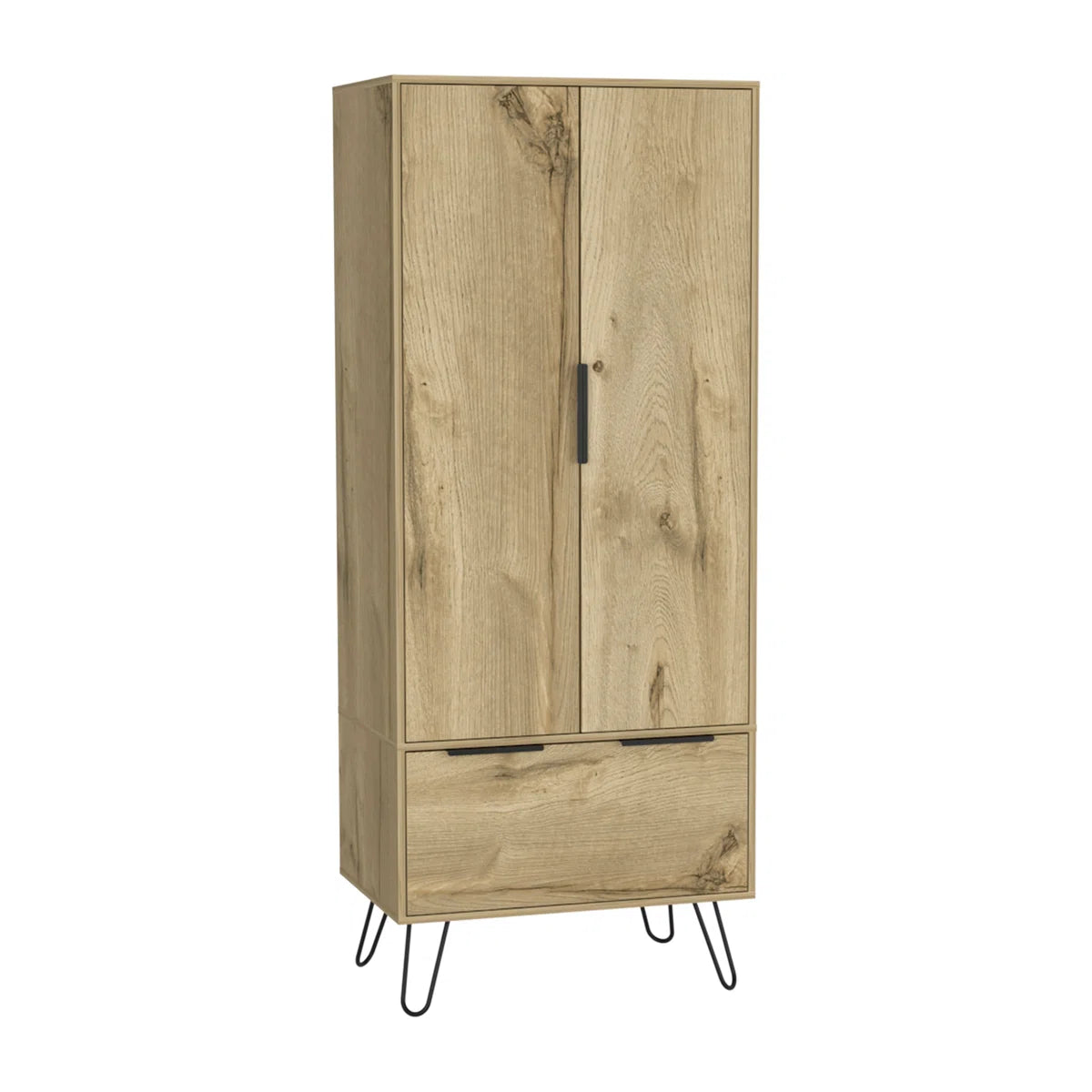 Light Oak Wardrobe – Wooden Bedroom Closet with 2 Doors & 1 Storage Drawer OUCH CART