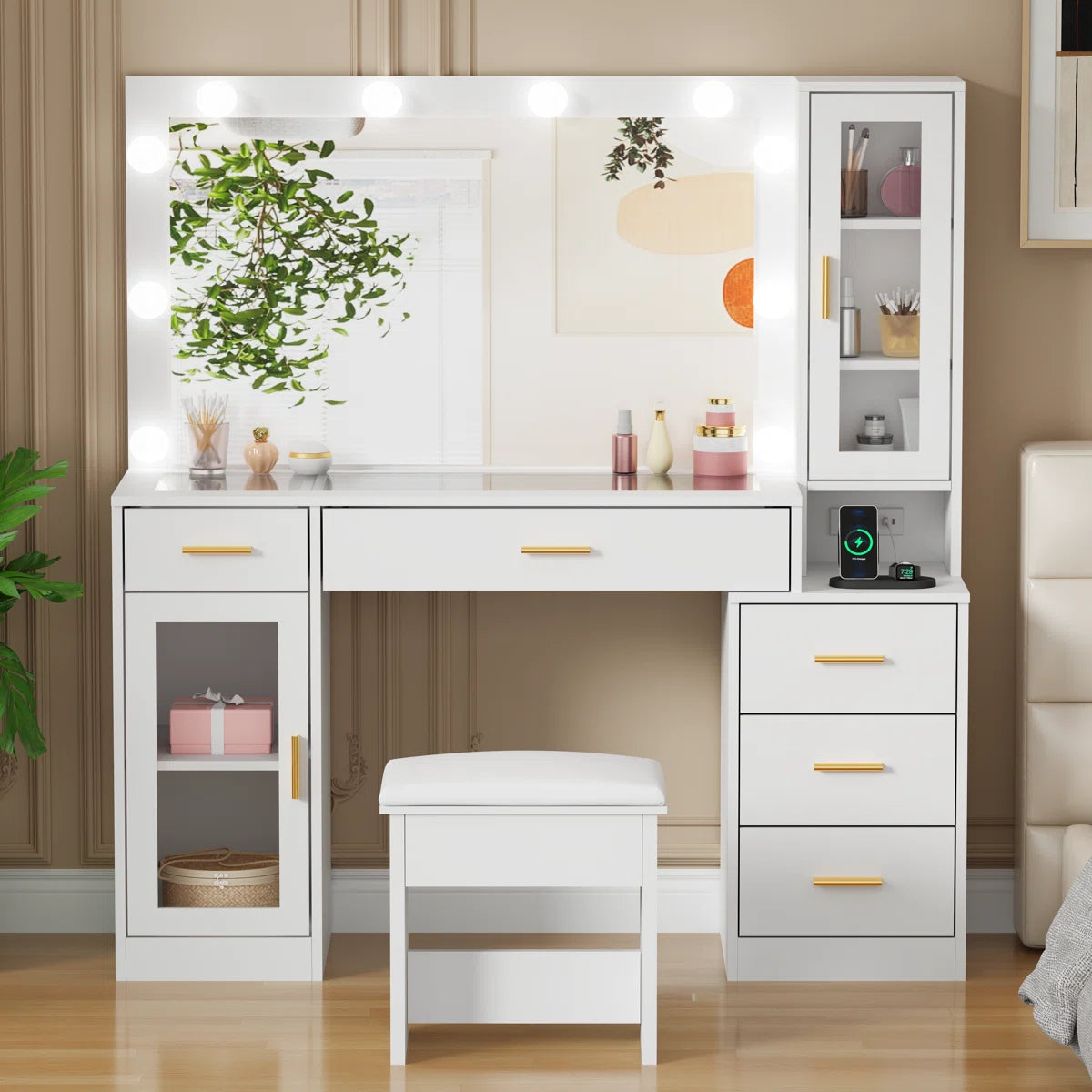 Adriel Large 49.2" Makeup Vanity Table with Stool, Adjustable LED Mirror Lights, and USB Charging Port-OUCH CART | Dressing table