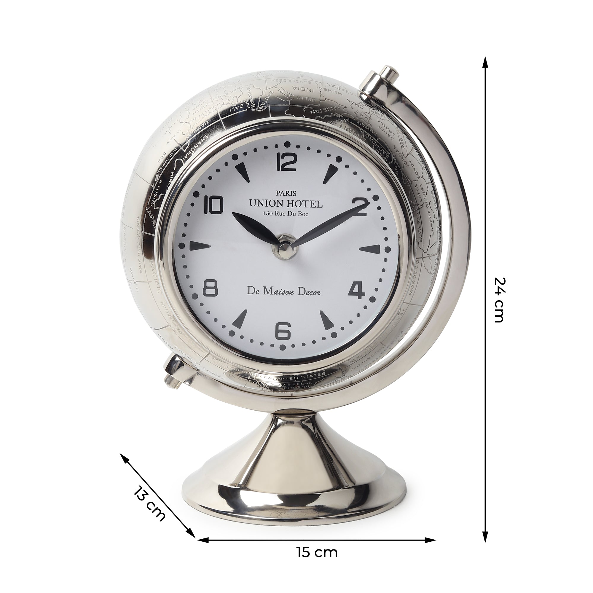 The Etched World Table Clock in Silver M.M.I. OVERSEAS