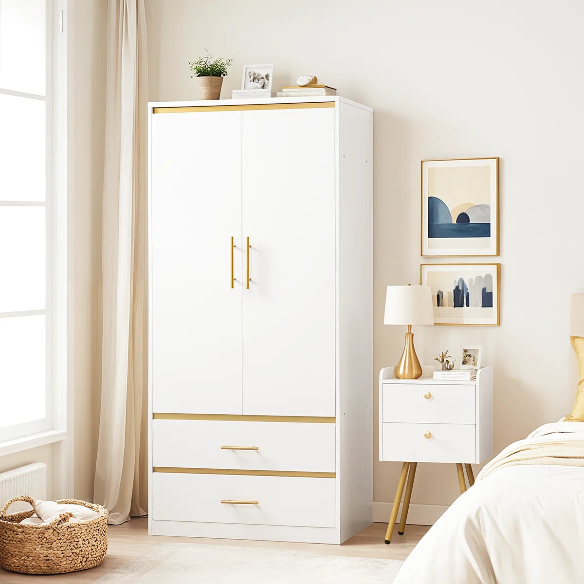 2-Door 66.9" H Armoire Wardrobe – Closet with Hanging Rod & 2 Drawers OUCH CART