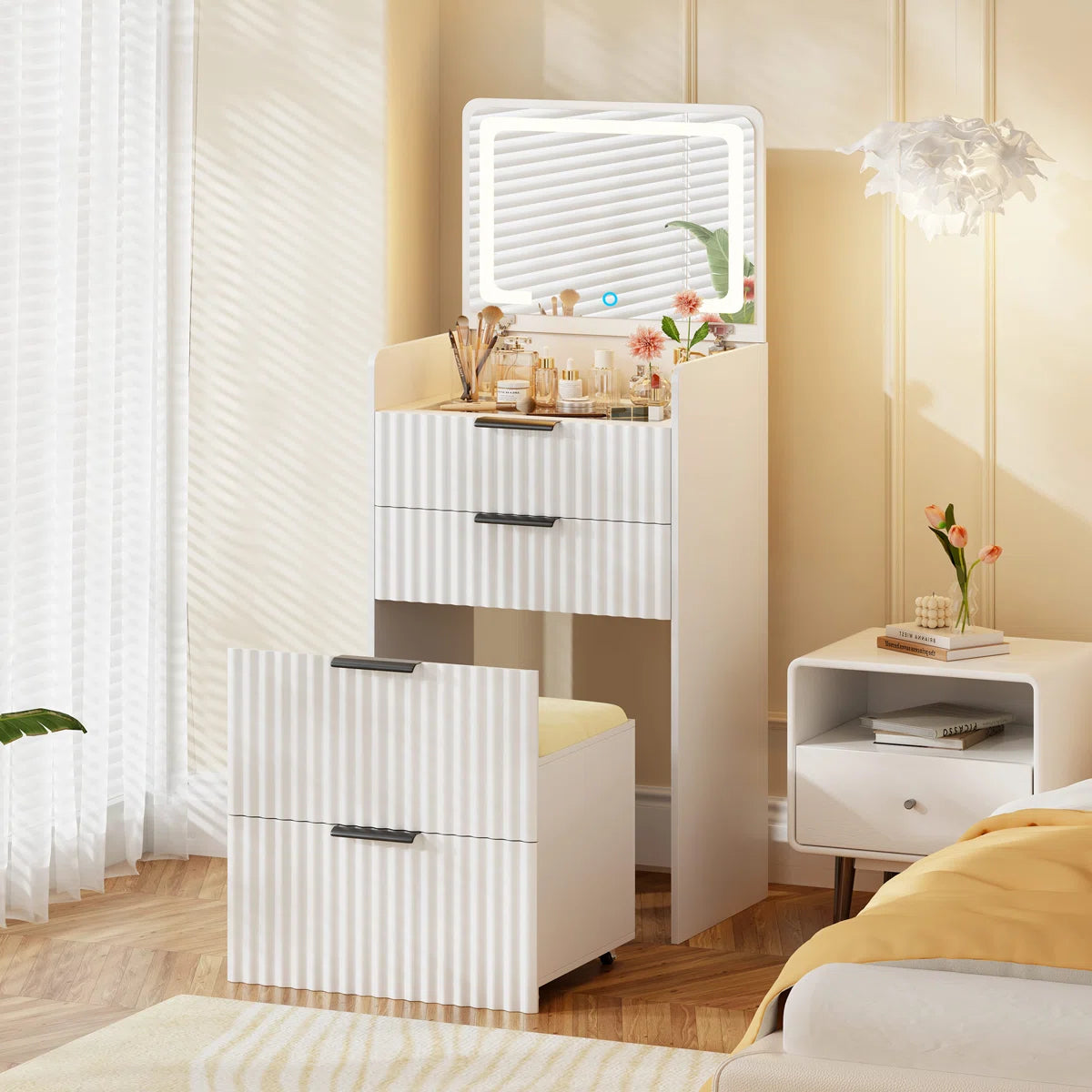 Makeup Vanity Desk with 2 Drawers, 1 Cabinet & Gold Legs