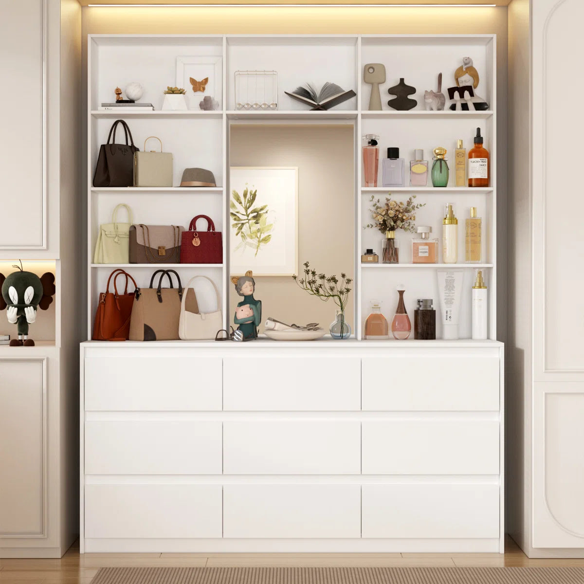 Spacious 9-Drawer 7-Shelf Wardrobe – Wooden Closet with Full-Length Mirror OUCH CART