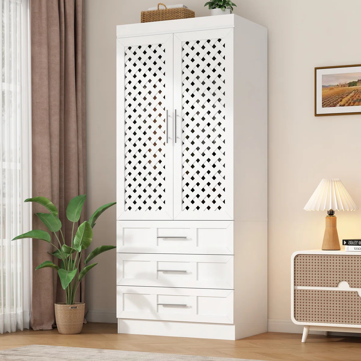 75.6''H Armoire Wardrobe With Sensor Light, 3 Hand-Made Woven Rattan Doors, Hanging Rod And 3 Drawers OUCH CART
