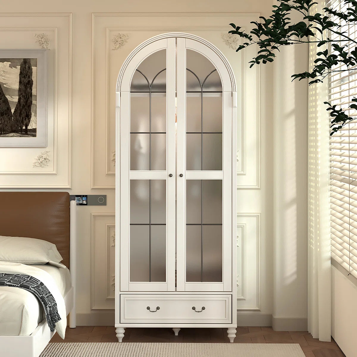 Creamy Retro Oak Arched Wardrobe – Elegant Wooden Bedroom Closet