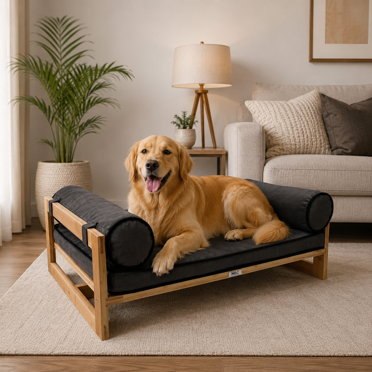 Modern Wooden Dog Bed with Plush Cushion & Bolster Pillows