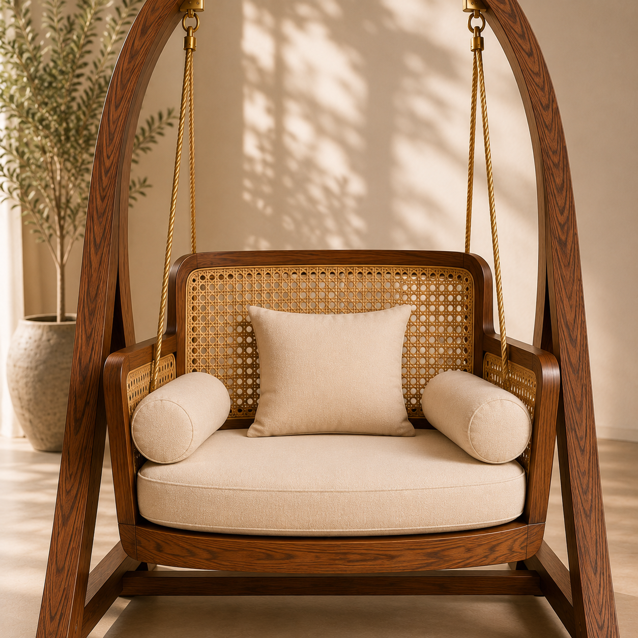 Wooden Hanging Swing Chair with Cushions – Stylish Indoor & Outdoor Lounge Swing
